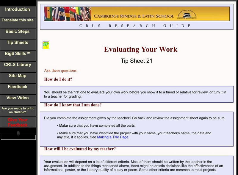 Cambridge Rindge & Latin School: Evaluating Your Work Activity Cambridge Rindge & Latin School: Evaluating Your Work Activity