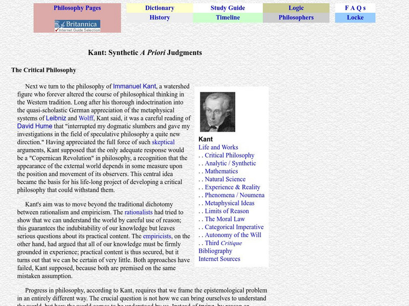 Philosophy Pages: Kant, Synthetic a Priori Judgments Handout Philosophy Pages: Kant, Synthetic a Priori Judgments Handout