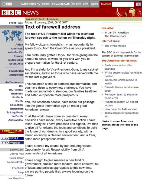 Bbc News: Text of Clinton's Farewell Address Handout Bbc News: Text of Clinton's Farewell Address Handout