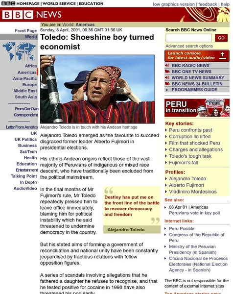 Bbc: A Short Biography of Alejandro Toledo Handout Bbc: A Short Biography of Alejandro Toledo Handout