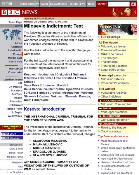 Bbc News: Milosevic Indictment: Text Handout Bbc News: Milosevic Indictment: Text Handout