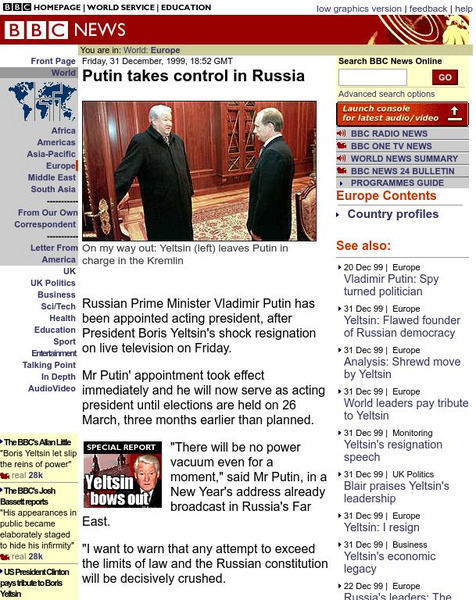Bbc News: Putin Takes Control in Russia Website