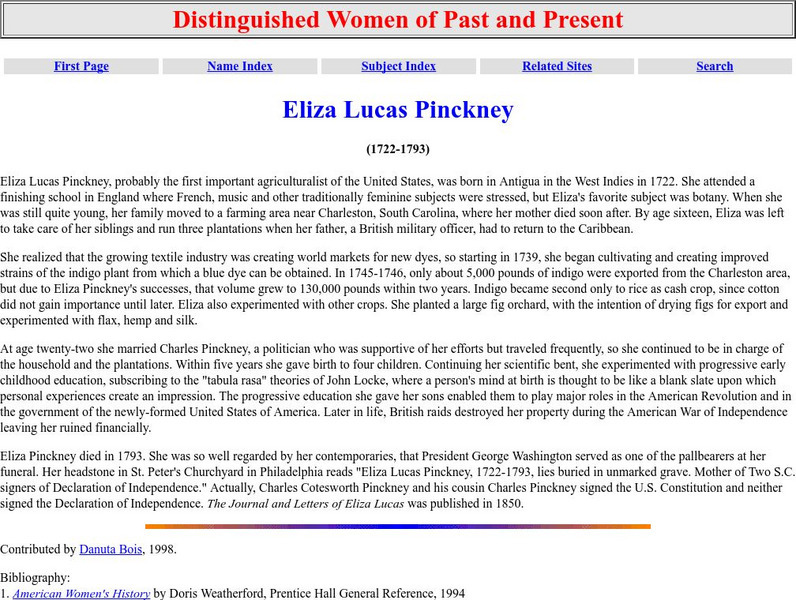 Distinguished Women of Past and Present: Eliza Lucas Pinckney Activity Distinguished Women of Past and Present: Eliza Lucas Pinckney Activity