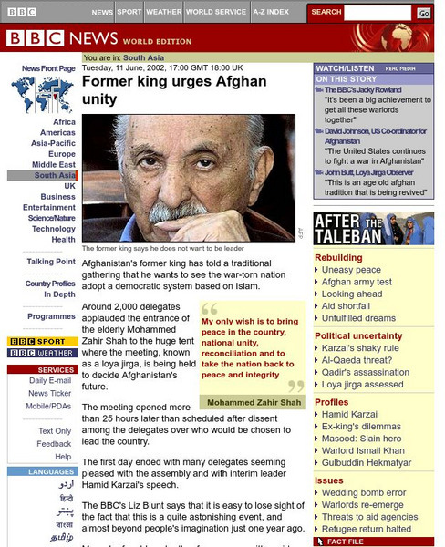 Bbc: Former King Urges Afghan Unity Handout Bbc: Former King Urges Afghan Unity Handout