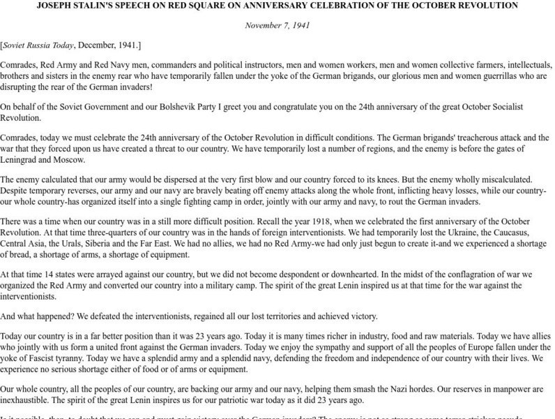 Ibiblio: Stalin's Speech on Anniversary of the October Revolution Primary Ibiblio: Stalin's Speech on Anniversary of the October Revolution Primary