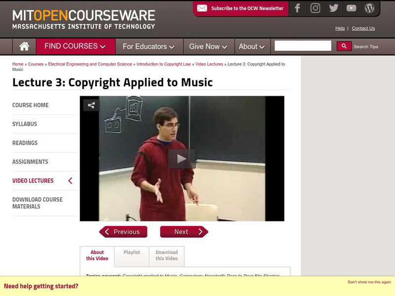Mit: Open Course Ware: Copyright Applied to Music and Computers Instructional Video Mit: Open Course Ware: Copyright Applied to Music and Computers Instructional Video