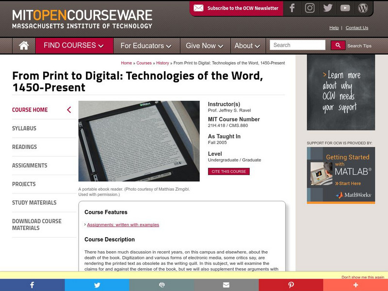 Mit: Open Course Ware: From Print to Digital: Technologies of the World Online Course Mit: Open Course Ware: From Print to Digital: Technologies of the World Online Course