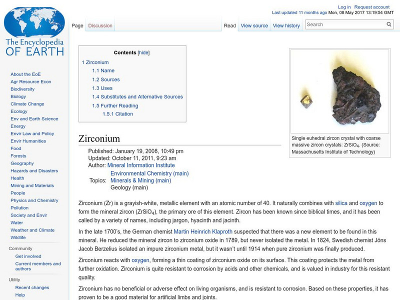 Encyclopedia of Earth: Zirconium Handout Encyclopedia of Earth: Zirconium Handout