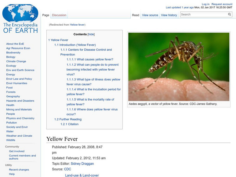 Encyclopedia of Earth: Entomology: Yellow Fever Handout Encyclopedia of Earth: Entomology: Yellow Fever Handout