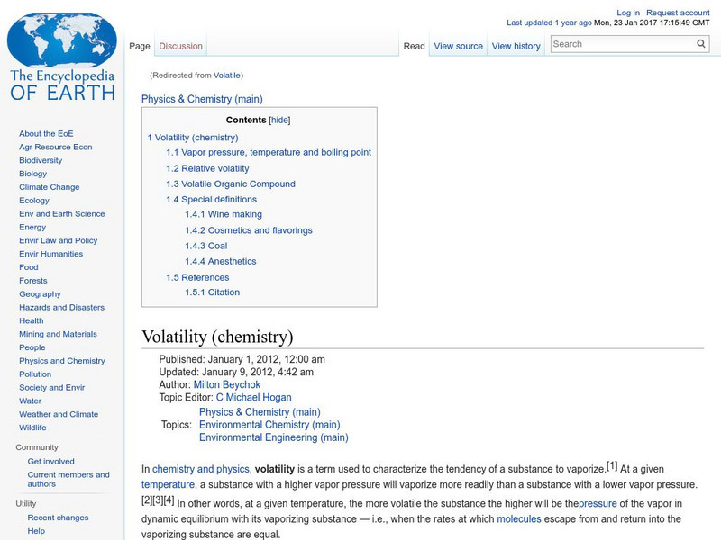 Encyclopedia of Earth: Physics & Chemistry: Volatility (Chemistry) Handout Encyclopedia of Earth: Physics & Chemistry: Volatility (Chemistry) Handout