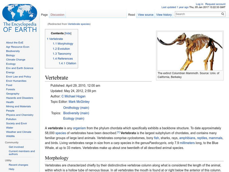 Encyclopedia of Earth: Vertebrate Handout Encyclopedia of Earth: Vertebrate Handout