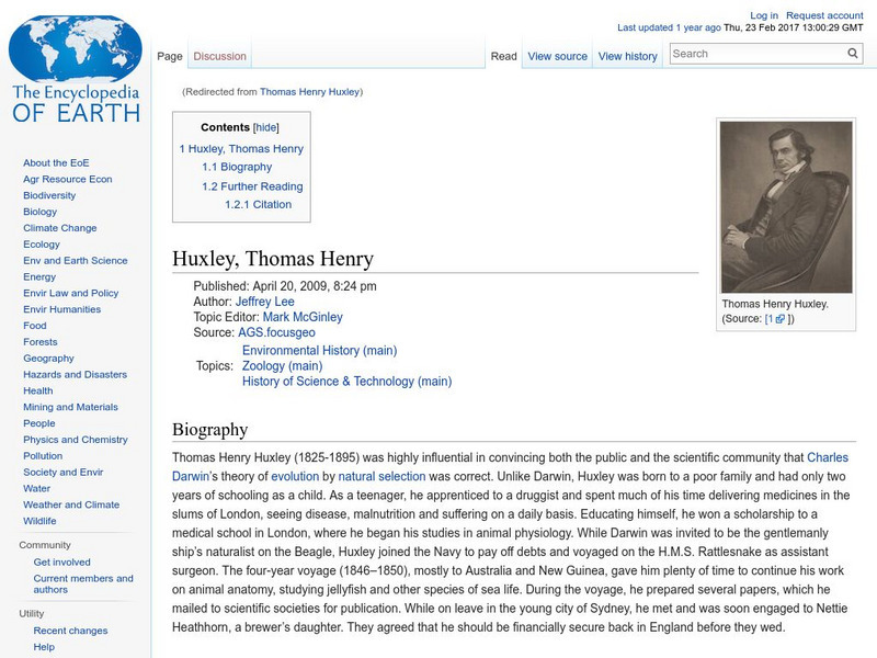 Encyclopedia of Earth: Huxley, Thomas Henry Handout Encyclopedia of Earth: Huxley, Thomas Henry Handout