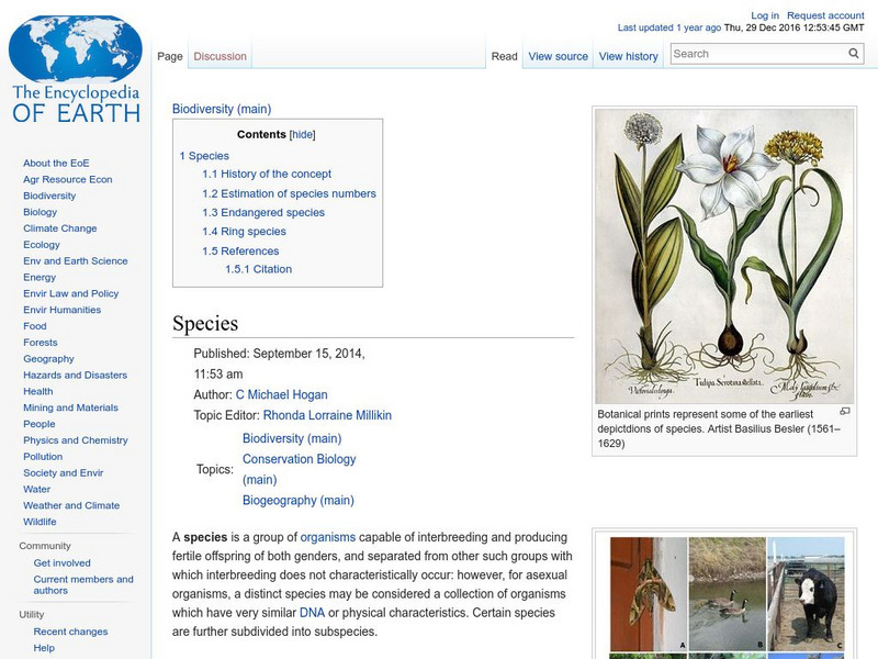 Encyclopedia of Earth: Biodiversity: Species Handout Encyclopedia of Earth: Biodiversity: Species Handout