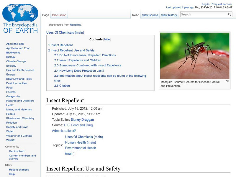 Encyclopedia of Earth: Entomology: Insect Repellent Handout Encyclopedia of Earth: Entomology: Insect Repellent Handout