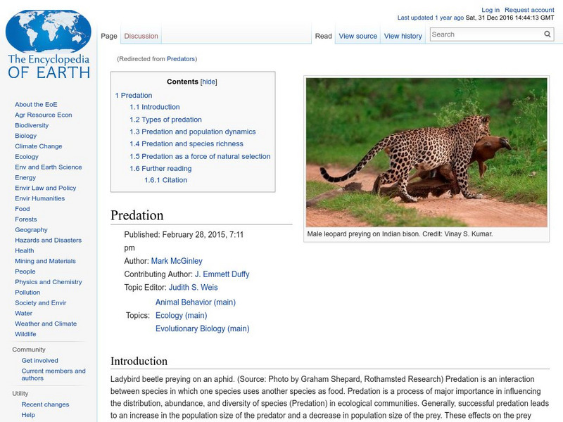 Encyclopedia of Earth: Predation Handout Encyclopedia of Earth: Predation Handout