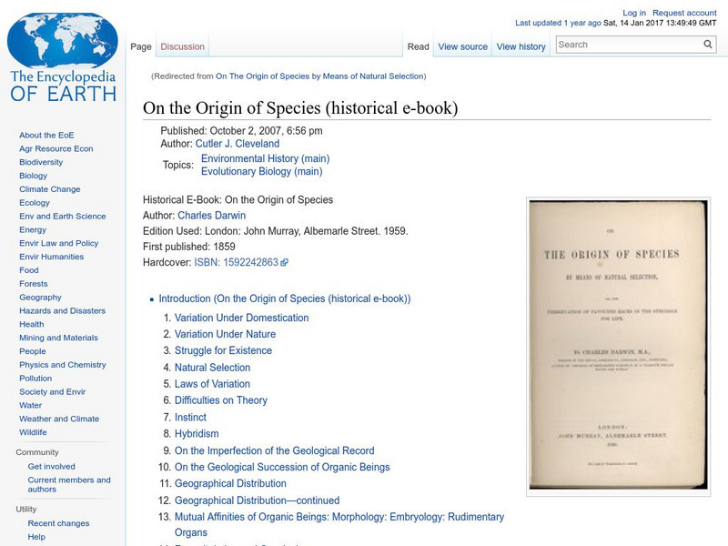 Encyclopedia of Earth: On the Origin of Species (Historical E Book) Handout Encyclopedia of Earth: On the Origin of Species (Historical E Book) Handout