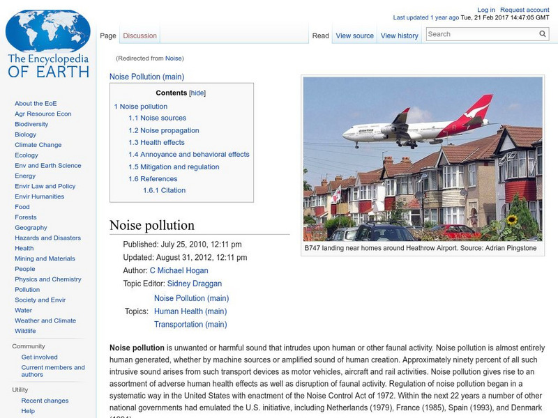Encyclopedia of Earth: Noise Pollution Handout