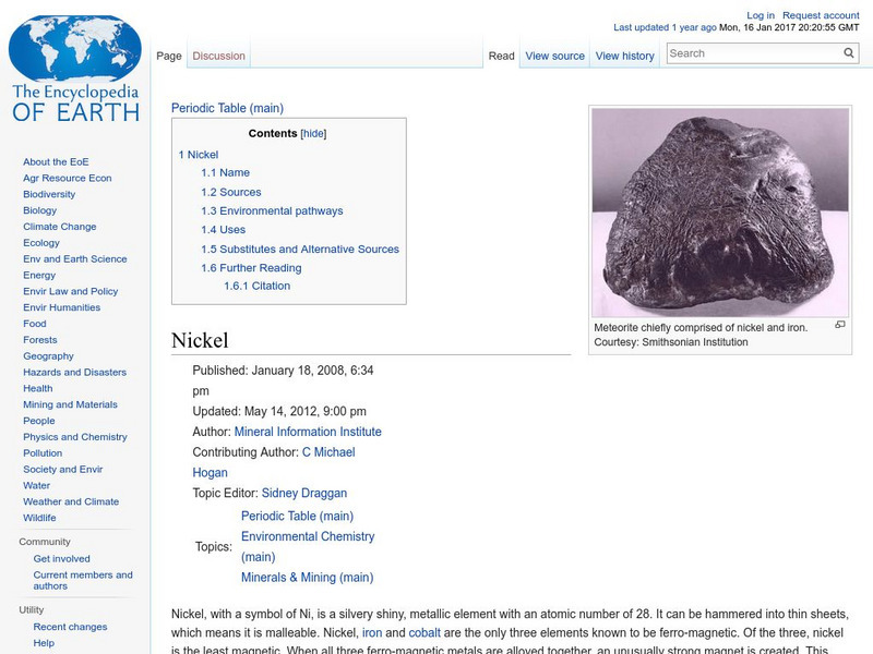 Encyclopedia of Earth: Environmental Chemistry: Health Effects of Nickel Handout Encyclopedia of Earth: Environmental Chemistry: Health Effects of Nickel Handout