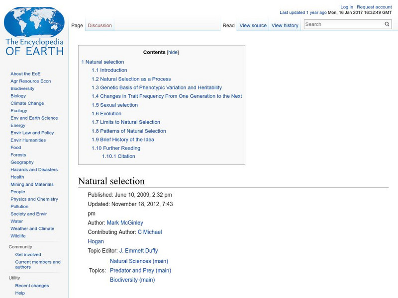 Encyclopedia of Earth: Natural Selection Handout Encyclopedia of Earth: Natural Selection Handout