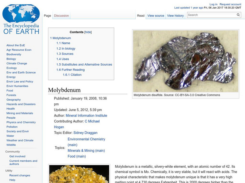 Encyclopedia of Earth: Molybdenum Handout Encyclopedia of Earth: Molybdenum Handout