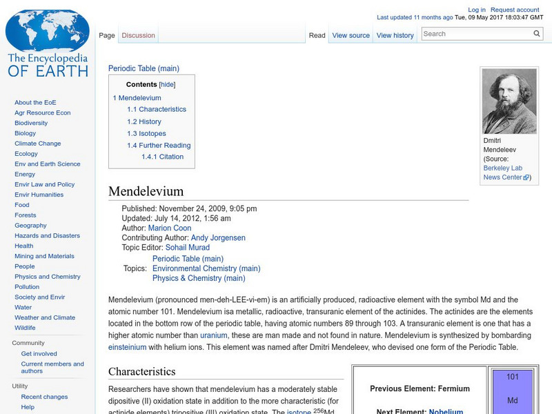 Encyclopedia of Earth: Mendelevium Handout Encyclopedia of Earth: Mendelevium Handout