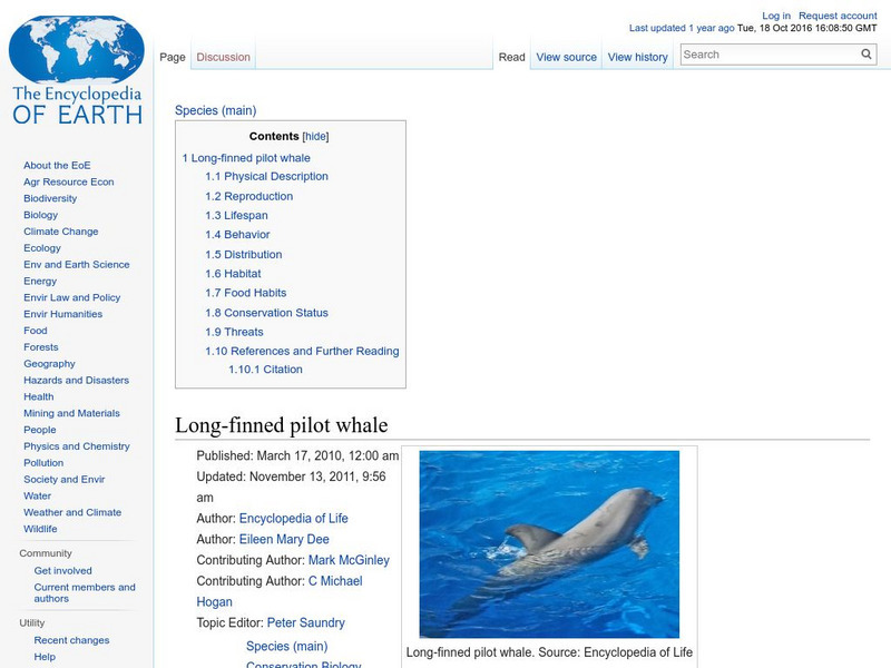 Encyclopedia of Earth: Conservation Biology: Long Finned Pilot Whale Handout Encyclopedia of Earth: Conservation Biology: Long Finned Pilot Whale Handout