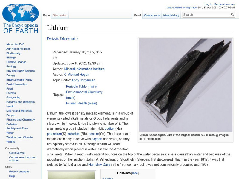 Encyclopedia of Earth: Lithium Handout Encyclopedia of Earth: Lithium Handout