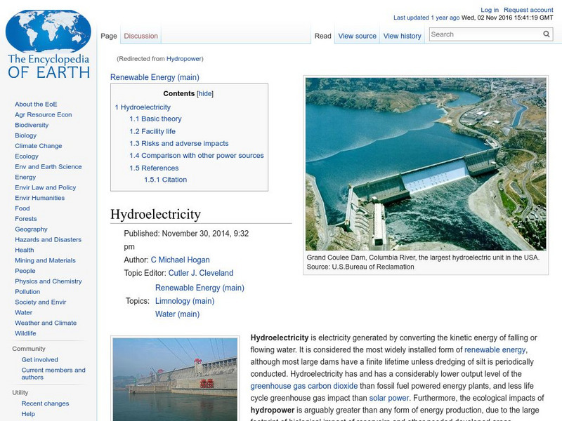 Encyclopedia of Earth: Renewable Energy: Hydroelectricity Handout Encyclopedia of Earth: Renewable Energy: Hydroelectricity Handout