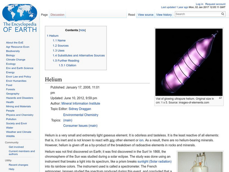 Encyclopedia of Earth: Helium Handout Encyclopedia of Earth: Helium Handout