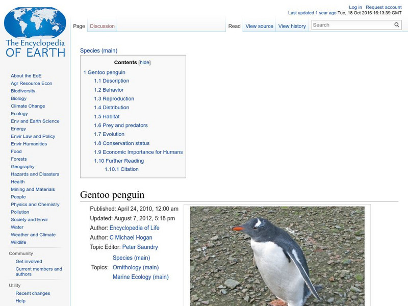 Encyclopedia of Earth: Ornithology: Gentoo Penguin Handout