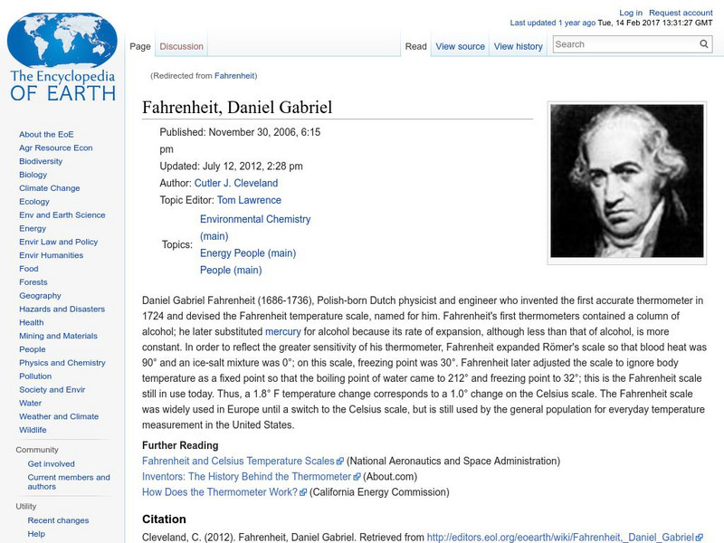 Encyclopedia of Earth: Fahrenheit, Daniel Gabriel Handout Encyclopedia of Earth: Fahrenheit, Daniel Gabriel Handout