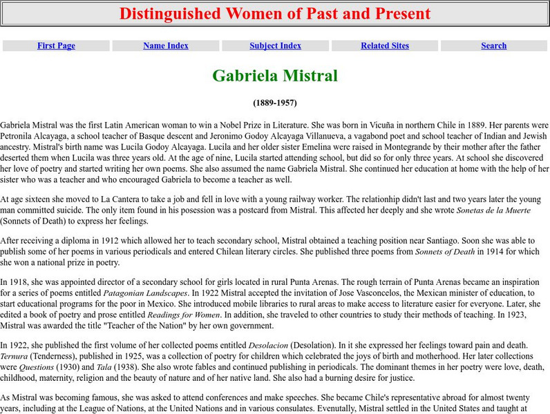 Distinguished Women of Past and Present: Gabriela Mistral Website Distinguished Women of Past and Present: Gabriela Mistral Website