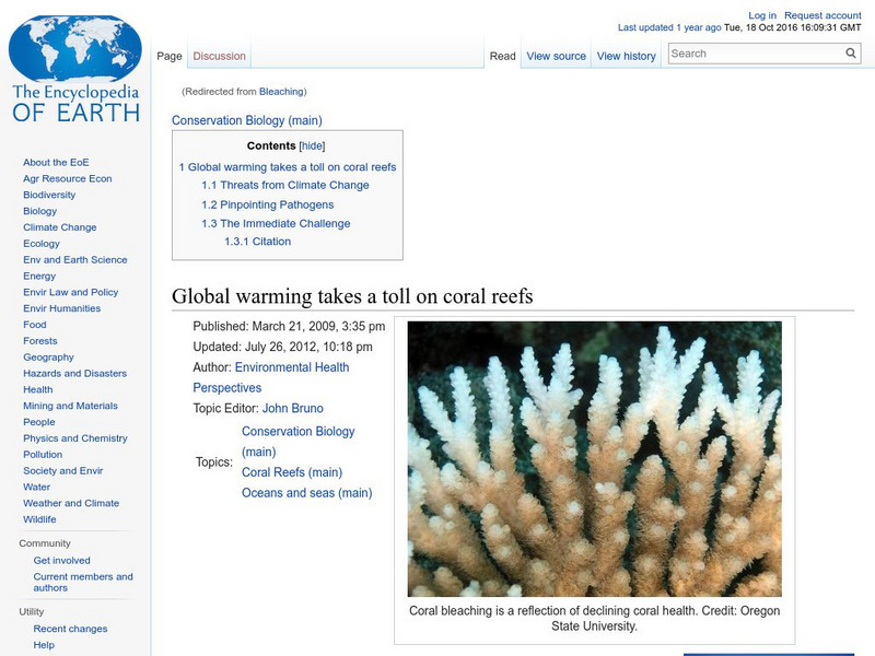 Encyclopedia of Earth: Global Warming Takes a Toll on Coral Reefs Handout Encyclopedia of Earth: Global Warming Takes a Toll on Coral Reefs Handout