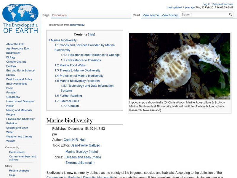 Encyclopedia of Earth: Biodiversity Handout Encyclopedia of Earth: Biodiversity Handout