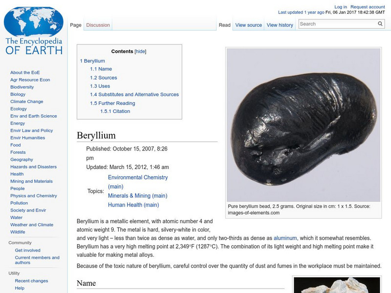 Encyclopedia of Earth: Beryllium Handout Encyclopedia of Earth: Beryllium Handout