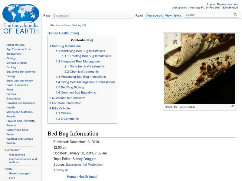 Encyclopedia of Earth: Entomology: Bed Bug Information Handout Encyclopedia of Earth: Entomology: Bed Bug Information Handout