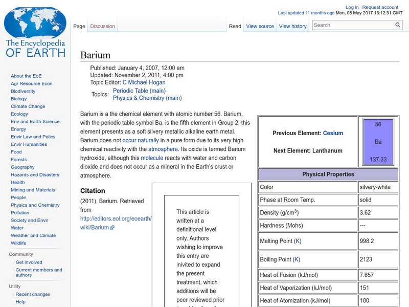Encyclopedia of Earth: Barium Handout Encyclopedia of Earth: Barium Handout