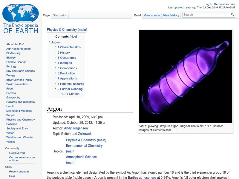 Encyclopedia of Earth: Argon Handout Encyclopedia of Earth: Argon Handout