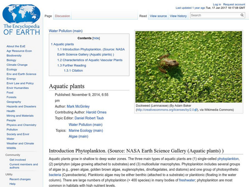 Encyclopedia of Earth: Aquatic Plants Handout Encyclopedia of Earth: Aquatic Plants Handout