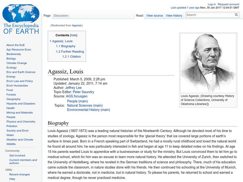 Encyclopedia of Earth: Evolutionary Biology: Agassiz, Louis Handout Encyclopedia of Earth: Evolutionary Biology: Agassiz, Louis Handout