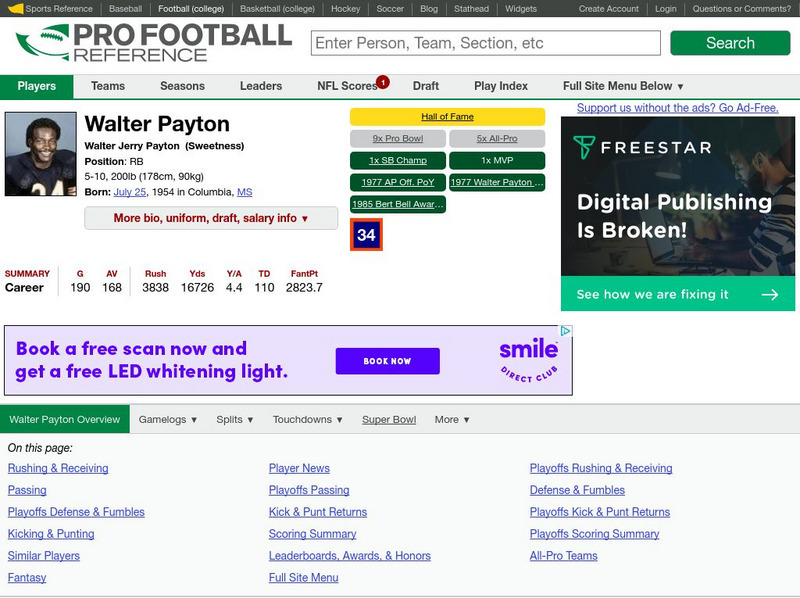 Pro Football Reference: Walter Payton Statistics Handout