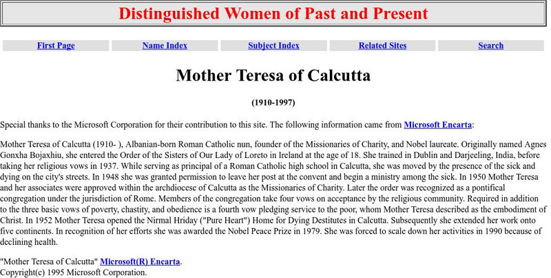 Distinguished Women of Past and Present: Mother Teresa Handout Distinguished Women of Past and Present: Mother Teresa Handout