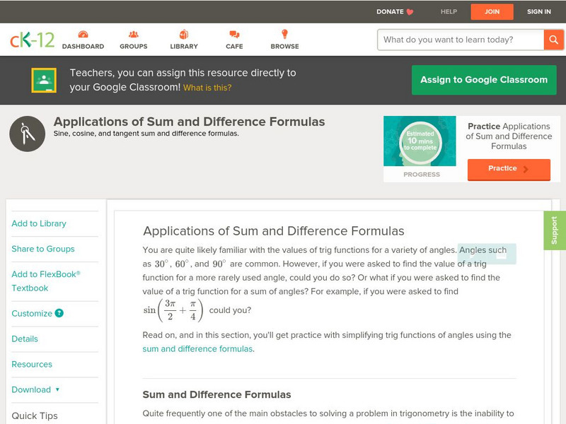 Ck 12: Trigonometry: Applications of Sum and Difference Formulas Unit Plan