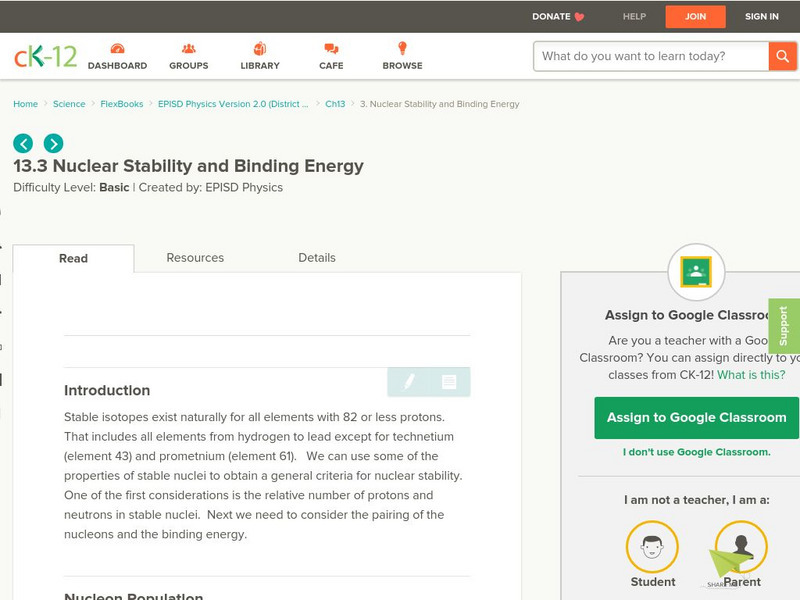 Ck 12: Nuclear Stability and Binding Energy Unit Plan Ck 12: Nuclear Stability and Binding Energy Unit Plan