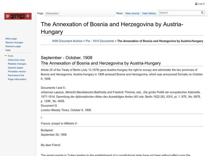 Byu Library: Annexation of Bosnia and Herzegovina by Austria Hungary Primary
