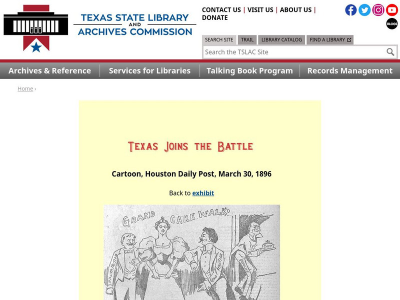 Texas State Library and Archives Commission: Texas Joins the Battle: Cartoon, Houston Daily Post, March 30, 1896 Graphic Texas State Library and Archives Commission: Texas Joins the Battle: Cartoon, Houston Daily Post, March 30, 1896 Graphic