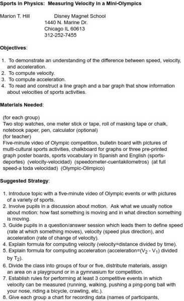 Smile: Sports in Physics: Measuring Velocity in a Mini Olympic Lesson Plan Smile: Sports in Physics: Measuring Velocity in a Mini Olympic Lesson Plan