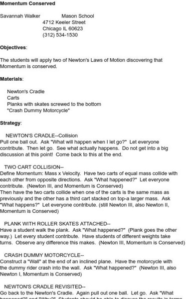 Smile: Momentum Conserved Lesson Plan Smile: Momentum Conserved Lesson Plan
