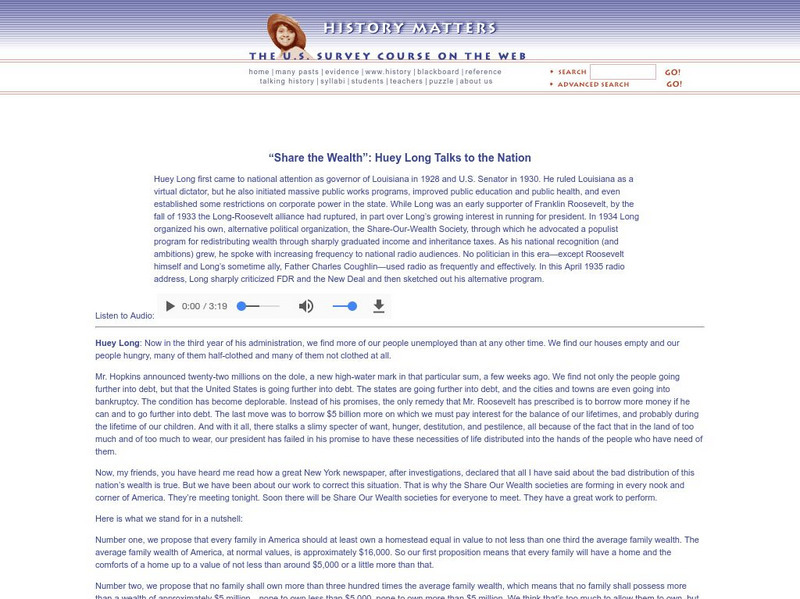 History Matters: "Share the Wealth": Huey Long Talks to the Nation Primary History Matters: "Share the Wealth": Huey Long Talks to the Nation Primary