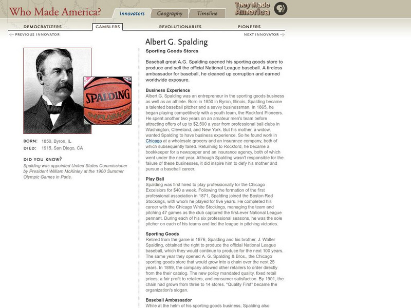 Pbs: Who Made America?: Innovators: Albert Spalding Handout Pbs: Who Made America?: Innovators: Albert Spalding Handout